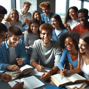 Happy students studying together.