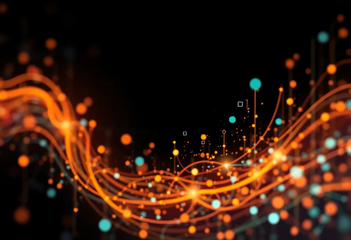 Abstract digital marketing elements blending with AI graphics.