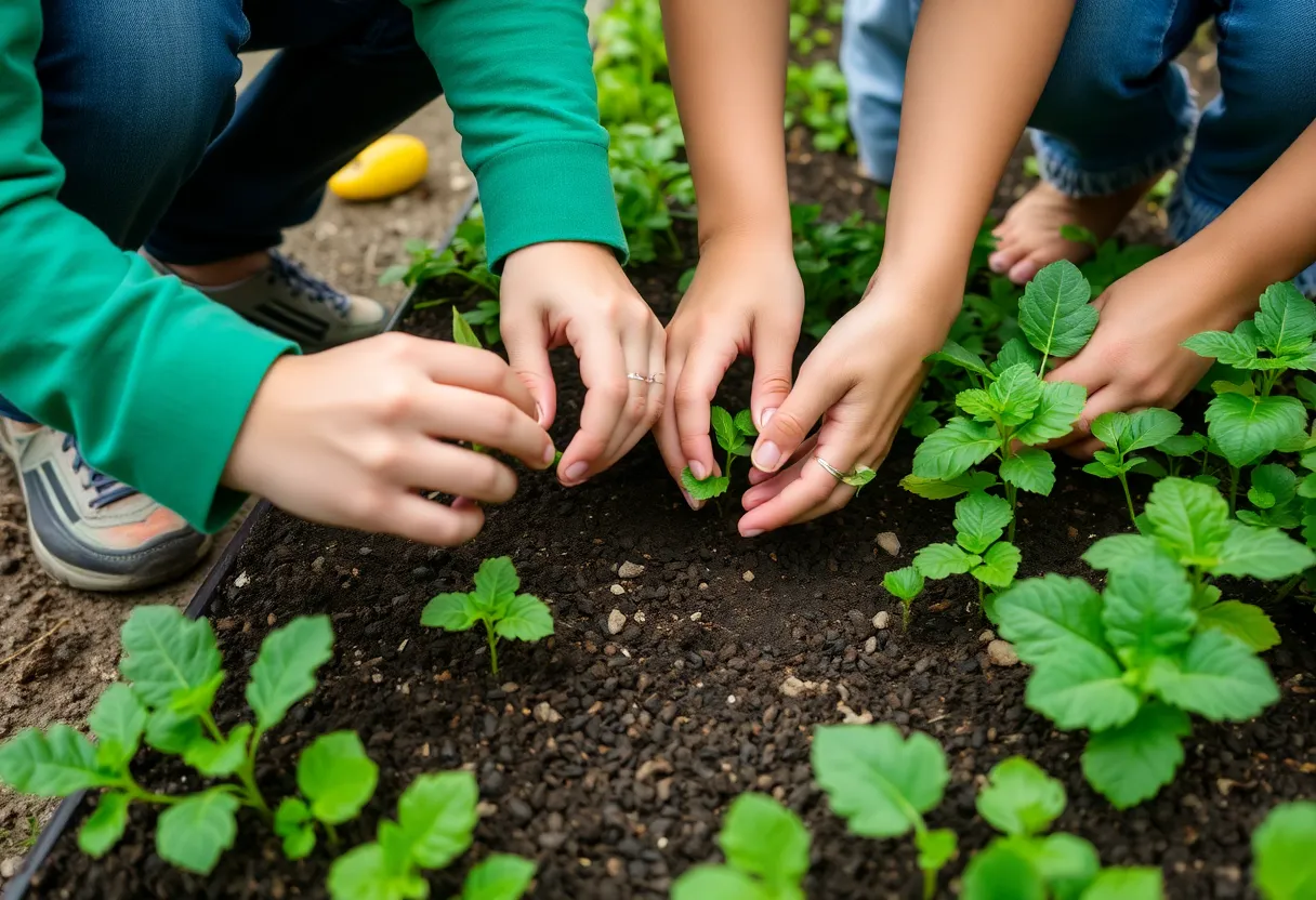 Empowered hands planting seeds in a vibrant community garden.
