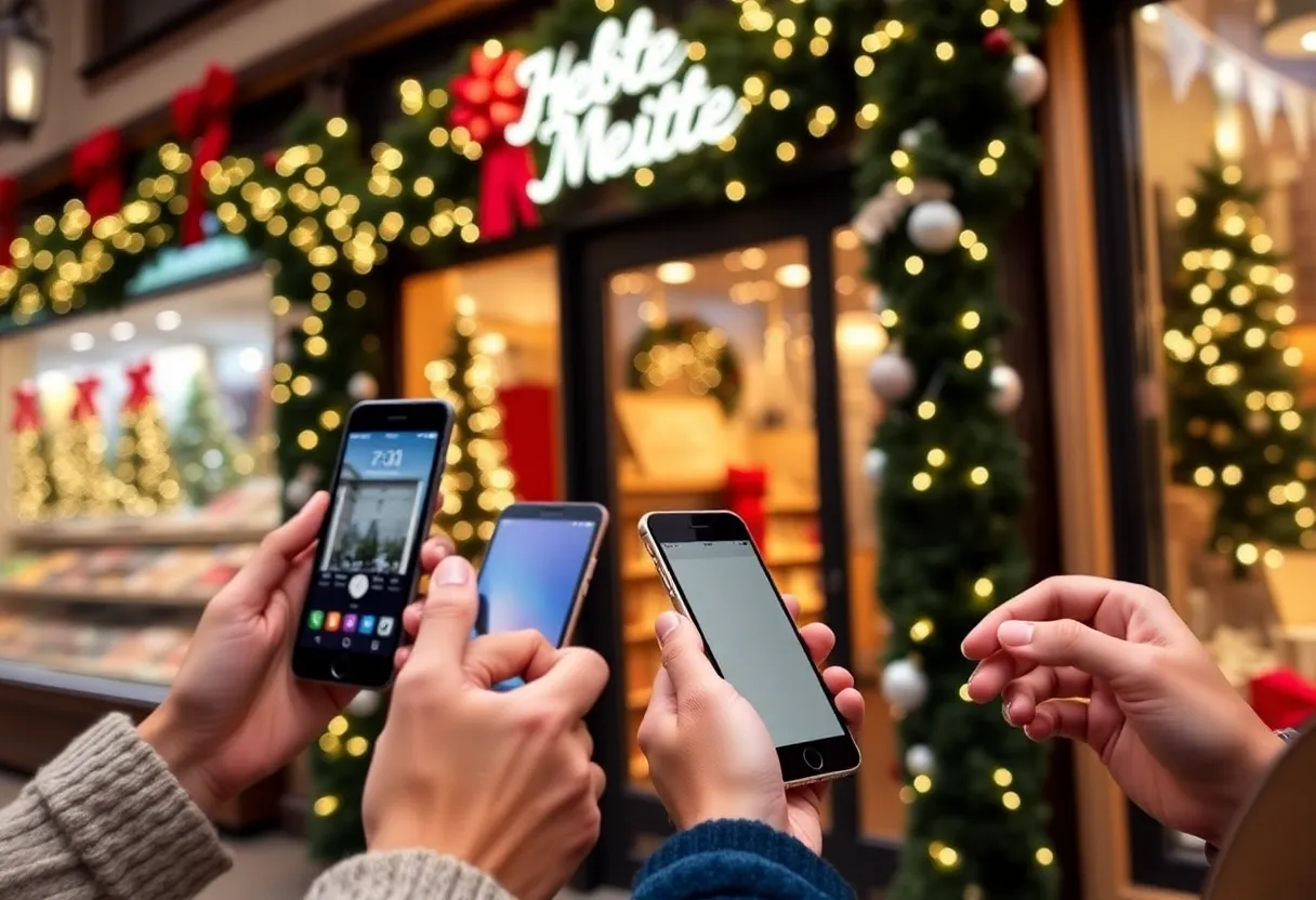 Festive storefronts with mobile devices in customers' hands.