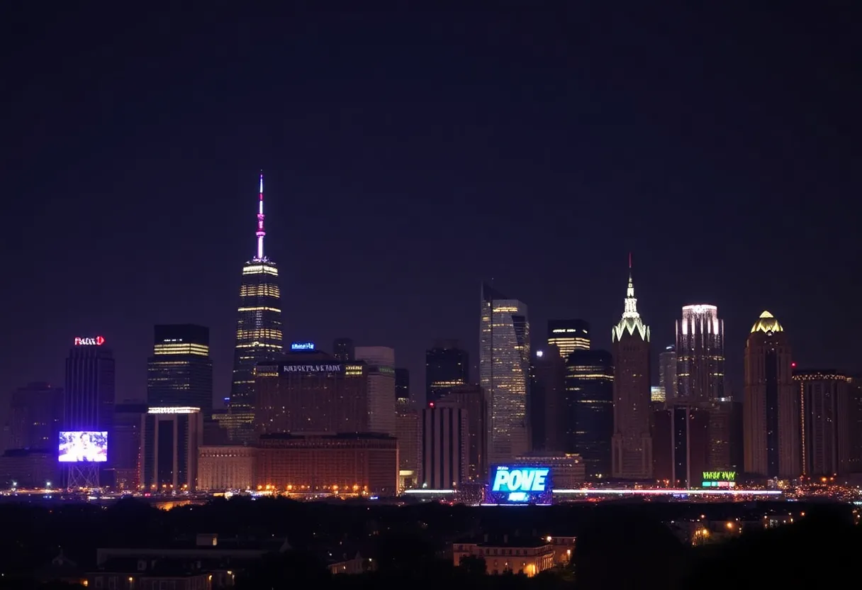 Dynamic city skyline illuminated with sports icons and excitement.