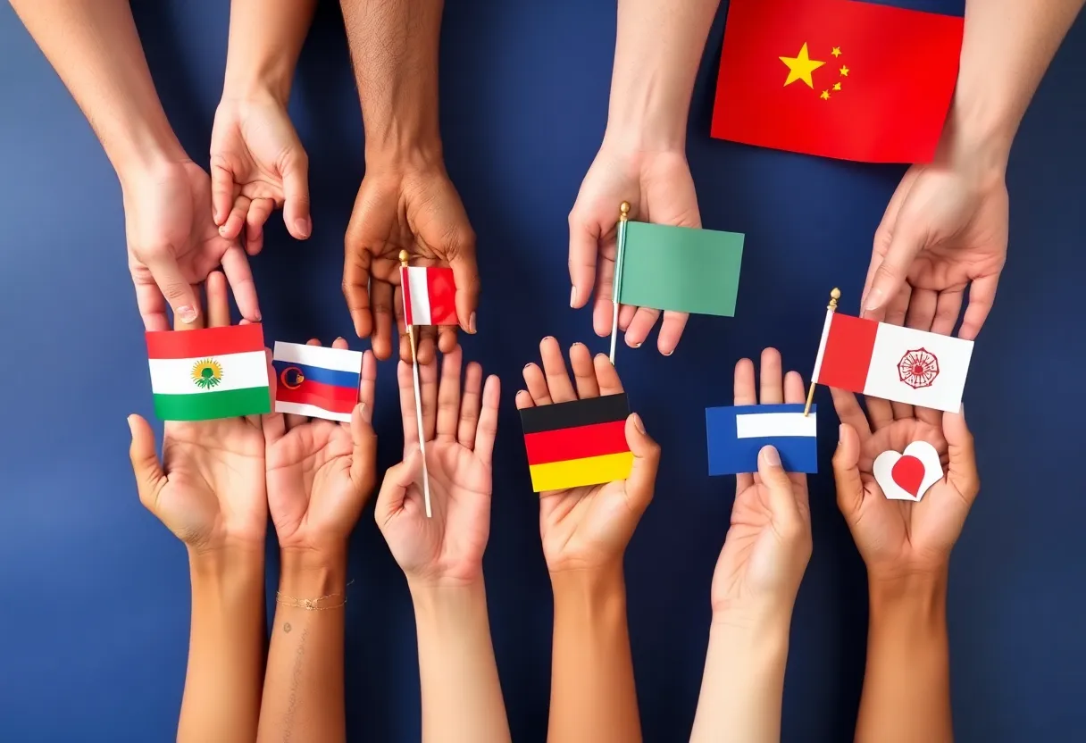 Colorful hands holding diverse cultural symbols and flags.