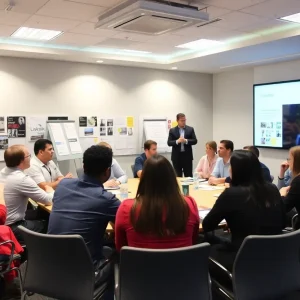 Dynamic meeting space with diverse marketing materials and brainstorming.