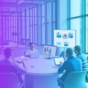 Modern digital workspace with diverse devices and group discussions.