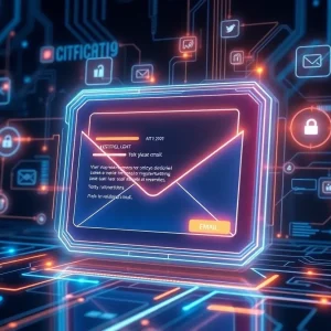 Futuristic email interface with digital marketing elements