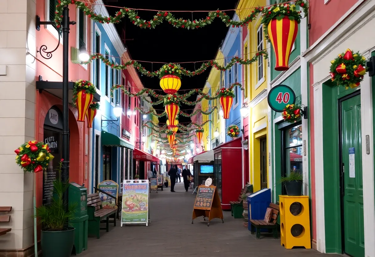 Colorful street scene with festive decorations and game-themed decor.