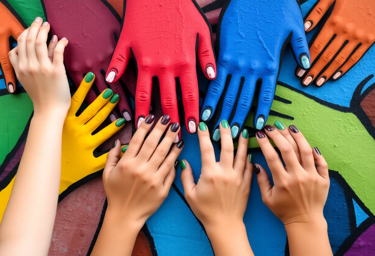 Colorful hands creating a mural for community engagement.