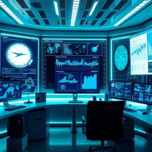 Futuristic marketing workspace with AI and automation tools.