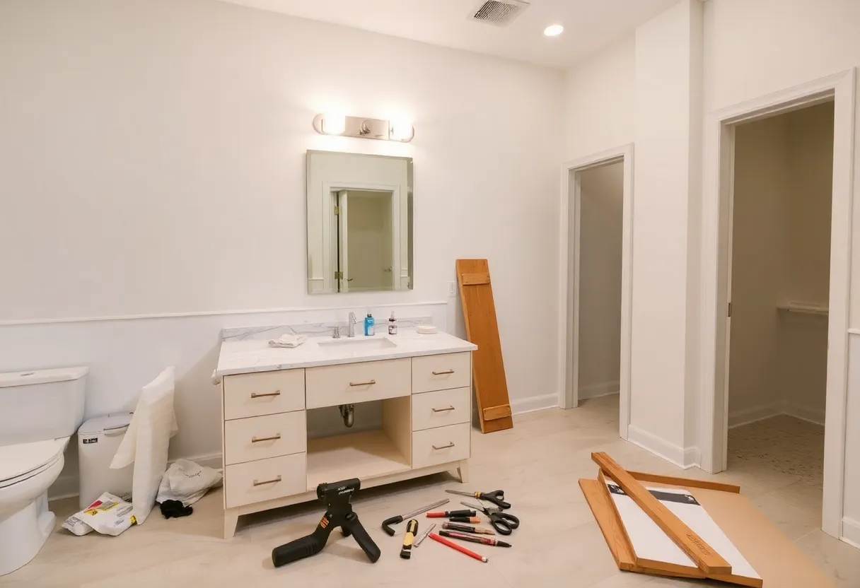 Tools and materials for bathroom vanity installation laid out in a remodeled bathroom.