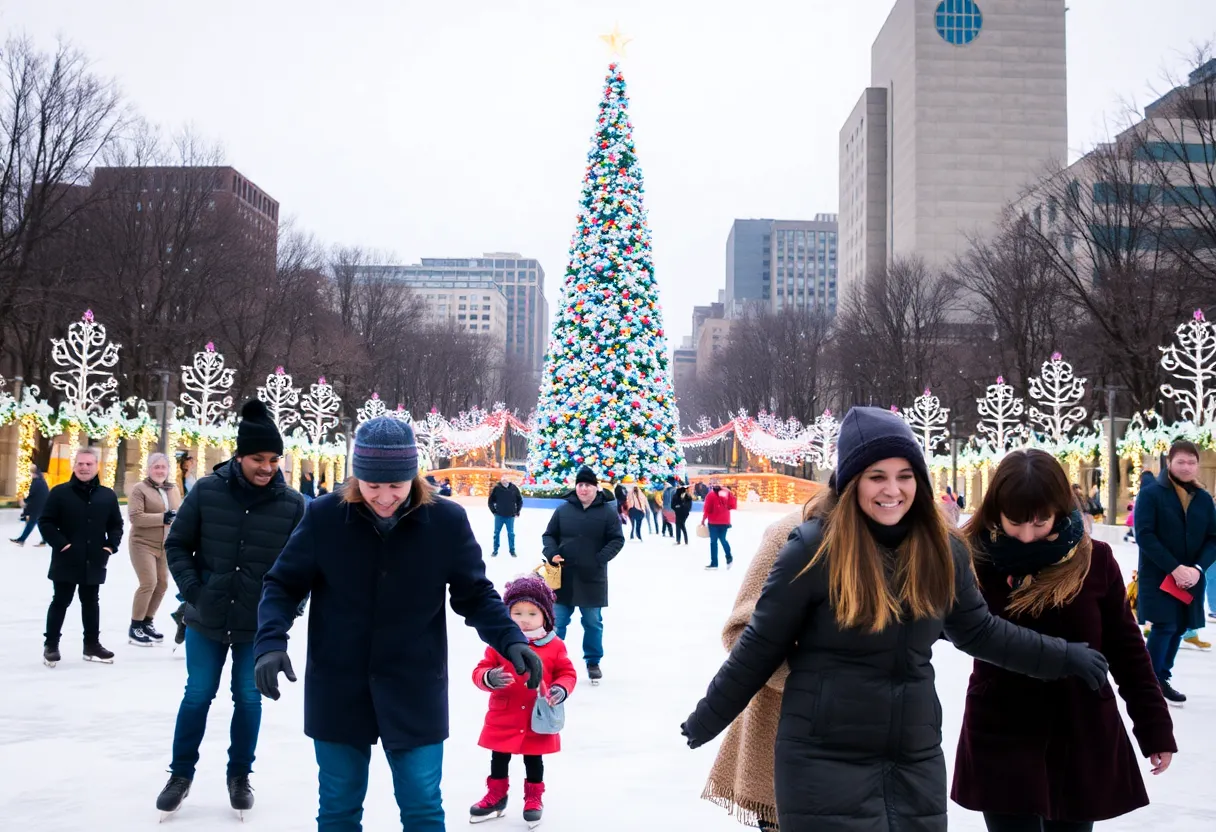 People ice skating at Campus Martius Park in Detroit with holiday decorations and a Christmas tree.