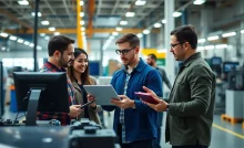 Manufacturing professionals utilizing digital marketing strategies in a factory setting.