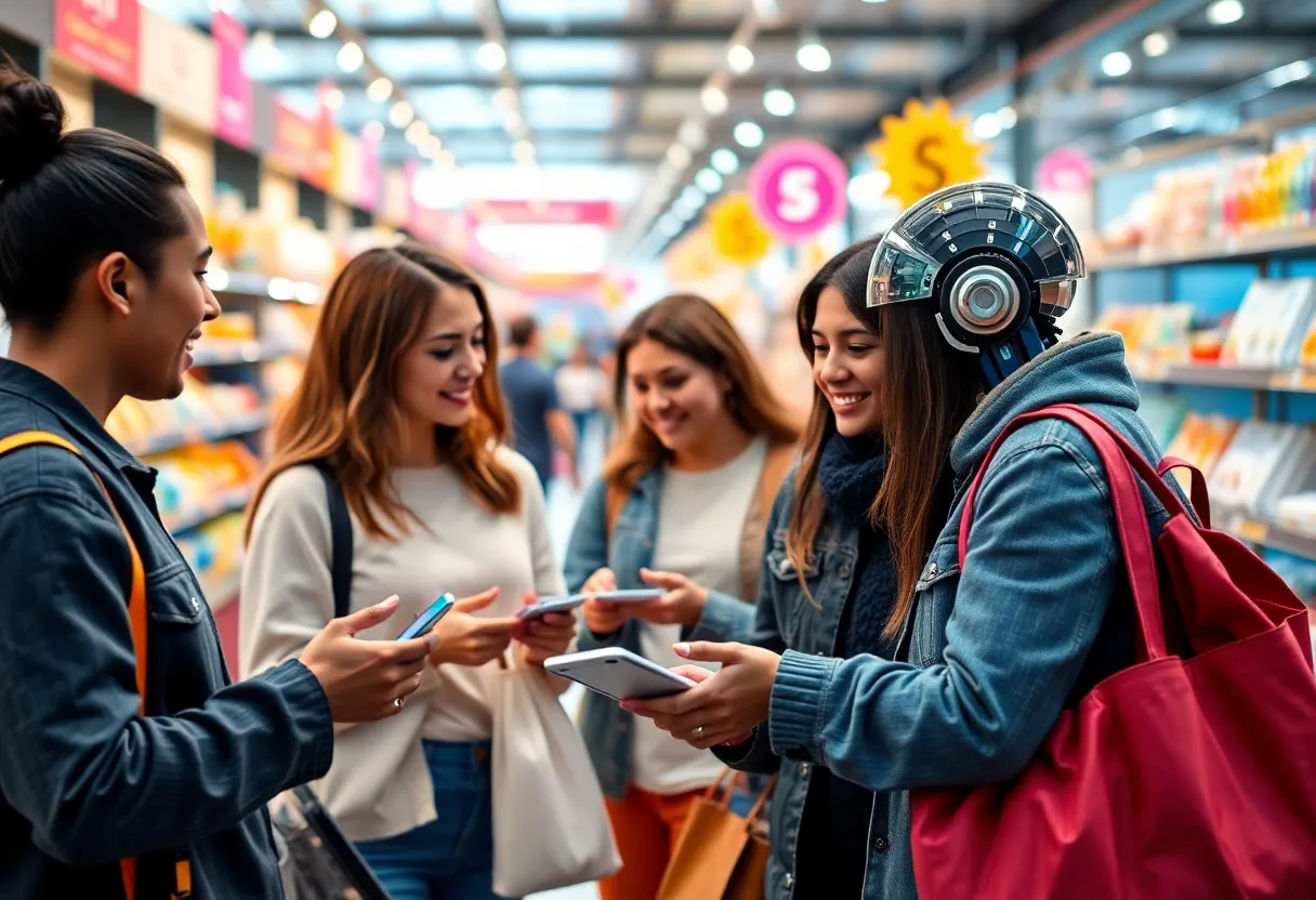 A representation of the future of e-commerce with AI shopping assistants.