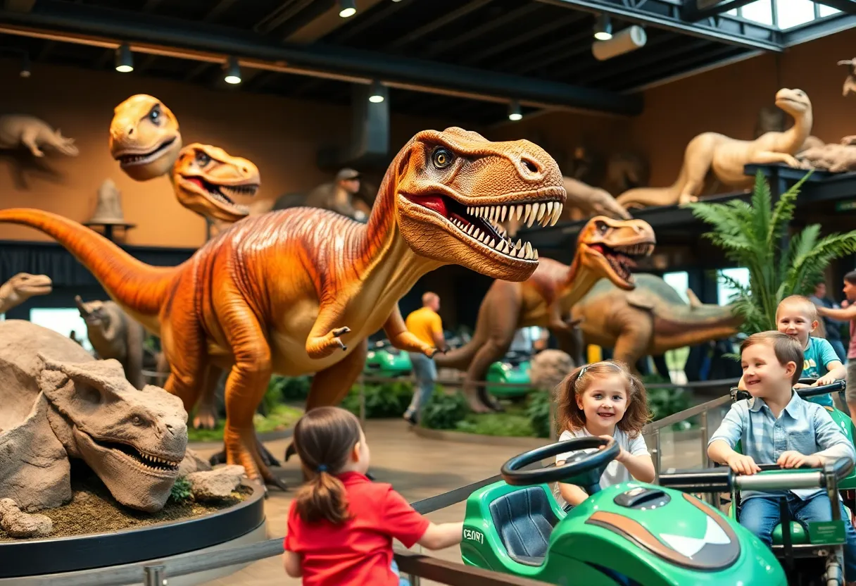 Family enjoying the Jurassic Quest exhibition with life-sized dinosaurs