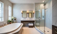 A luxurious bathroom with a soaking tub and walk-in shower