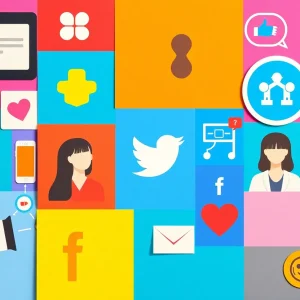 Collage of social media trends for 2025 including video content, influencers, and AI technology.
