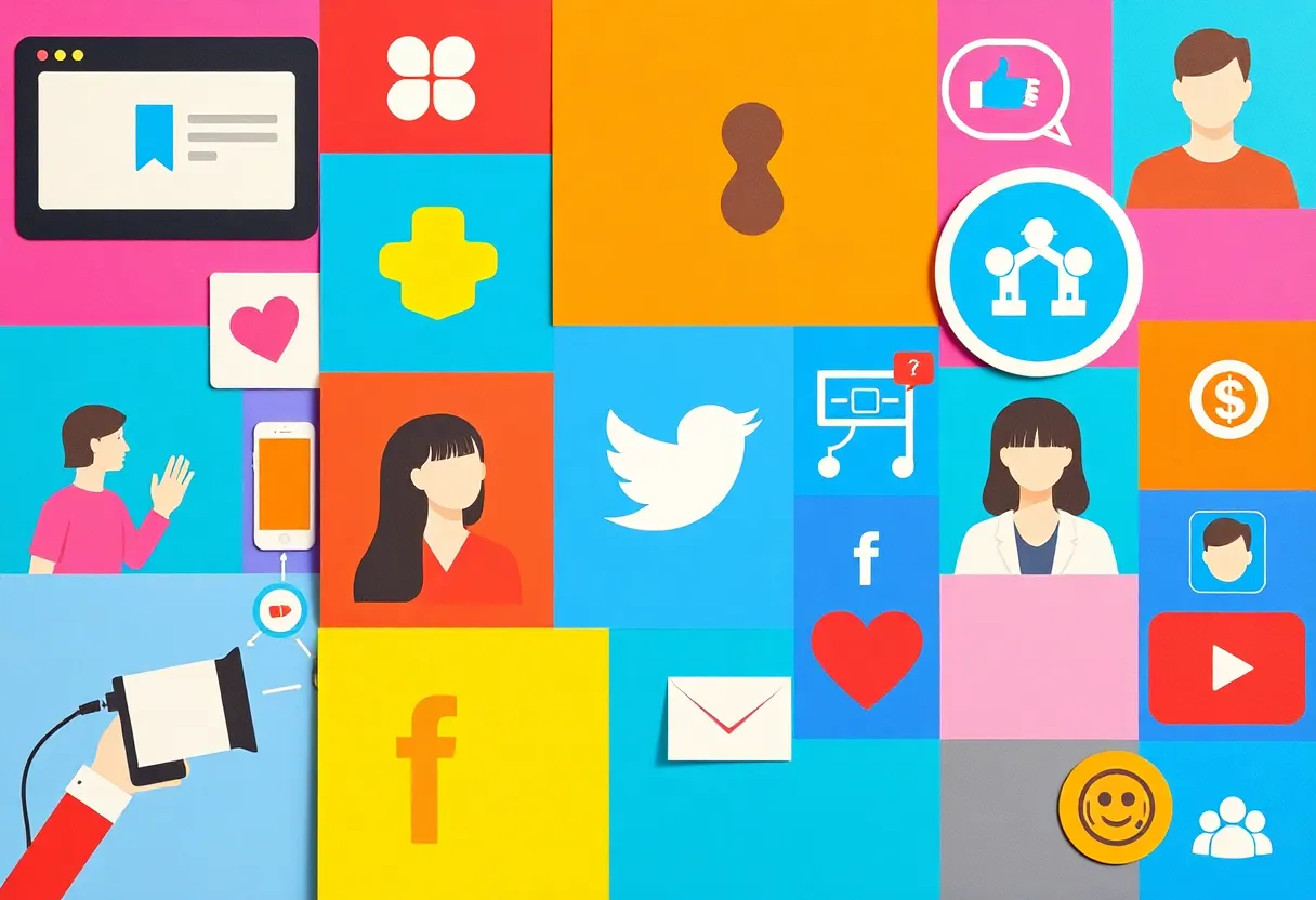 Collage of social media trends for 2025 including video content, influencers, and AI technology.