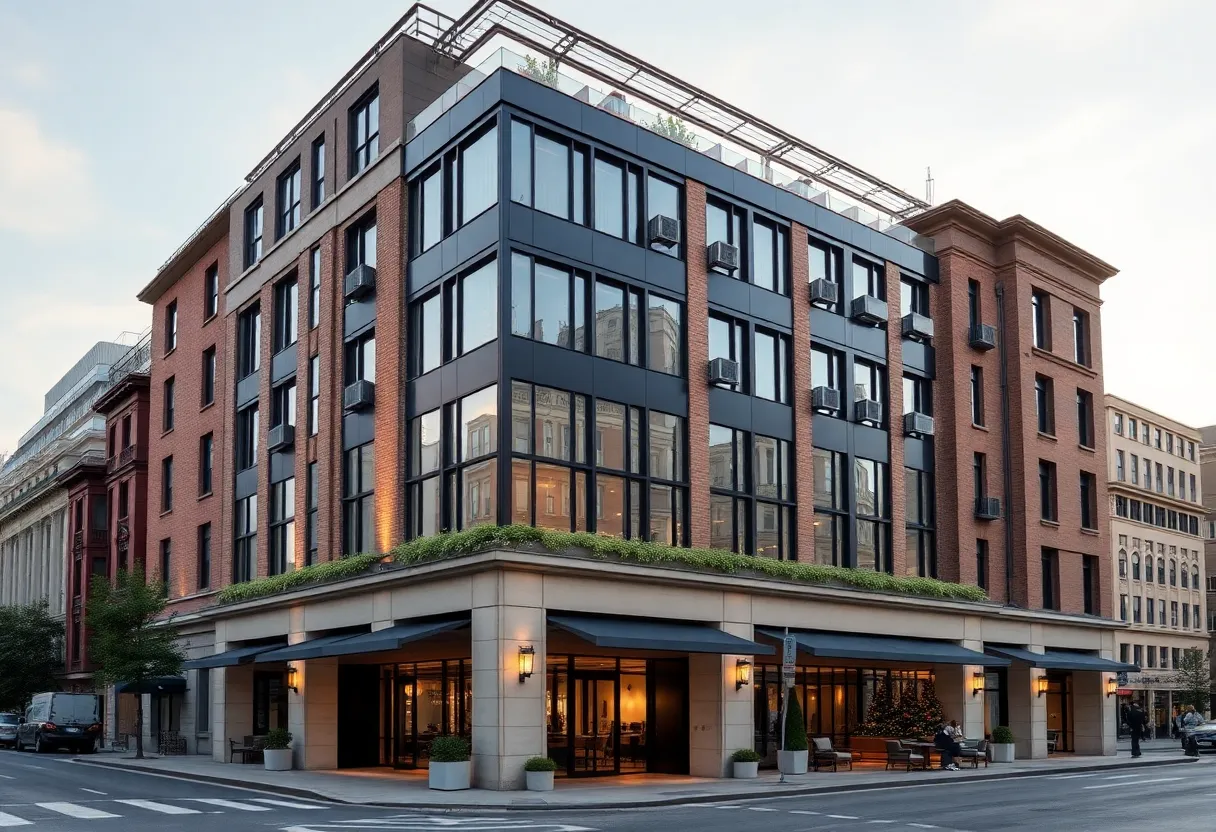 Modern AC Hotel Detroit building with rooftop venue