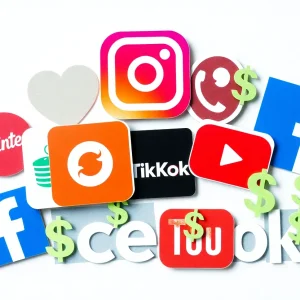 A collage symbolizing affiliate marketing with social media logos and dollar signs.