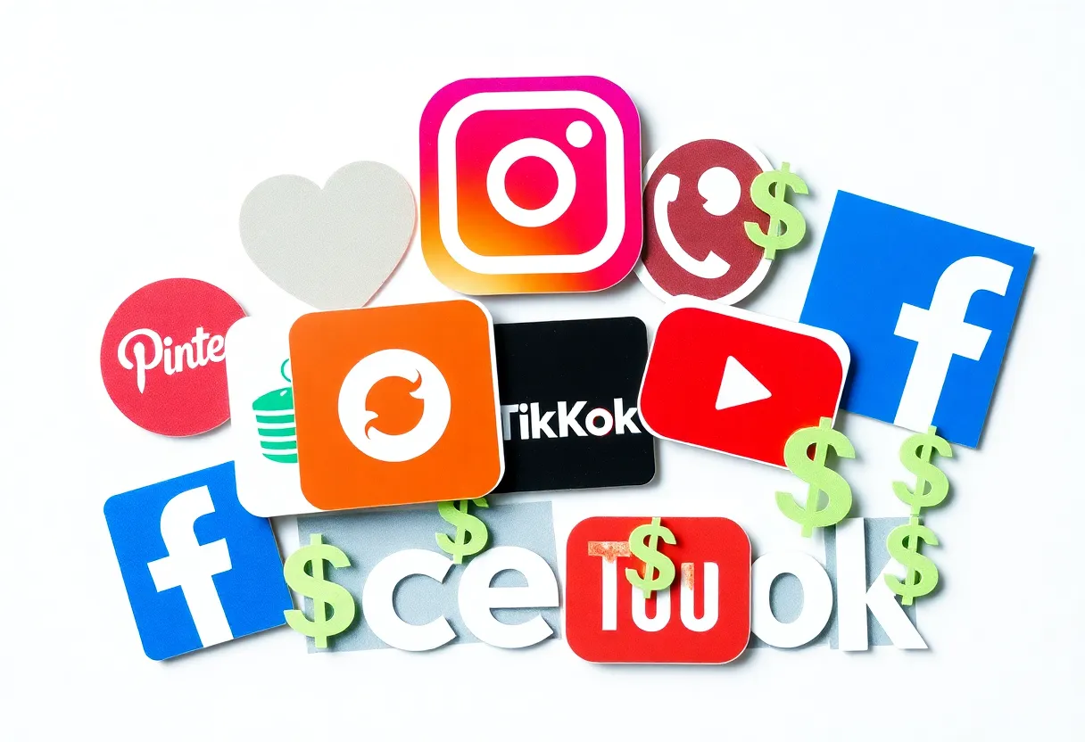 A collage symbolizing affiliate marketing with social media logos and dollar signs.