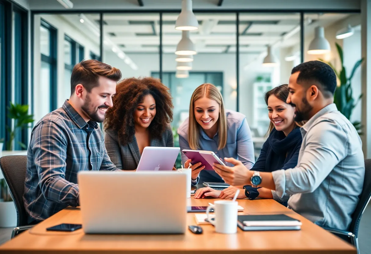 Marketing professionals collaborating with Aprimo tools in an office.