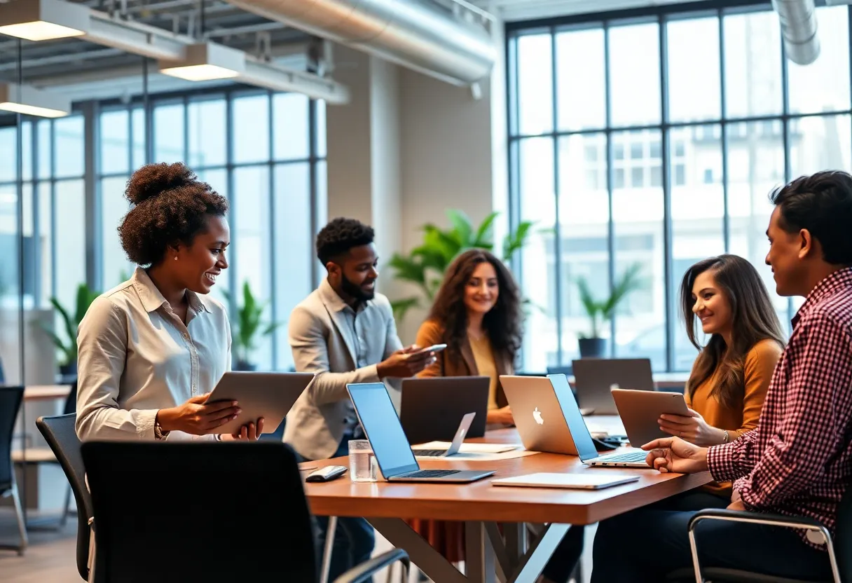 Diverse professionals discussing B2B strategies in a modern office