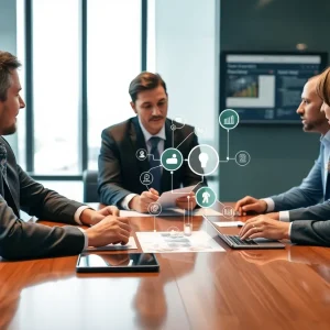 Executives in a meeting discussing marketing technology acquisition