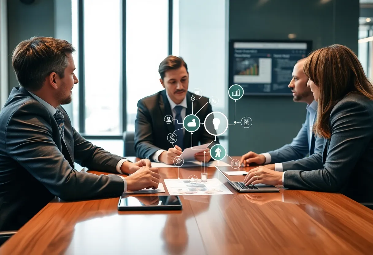 Executives in a meeting discussing marketing technology acquisition
