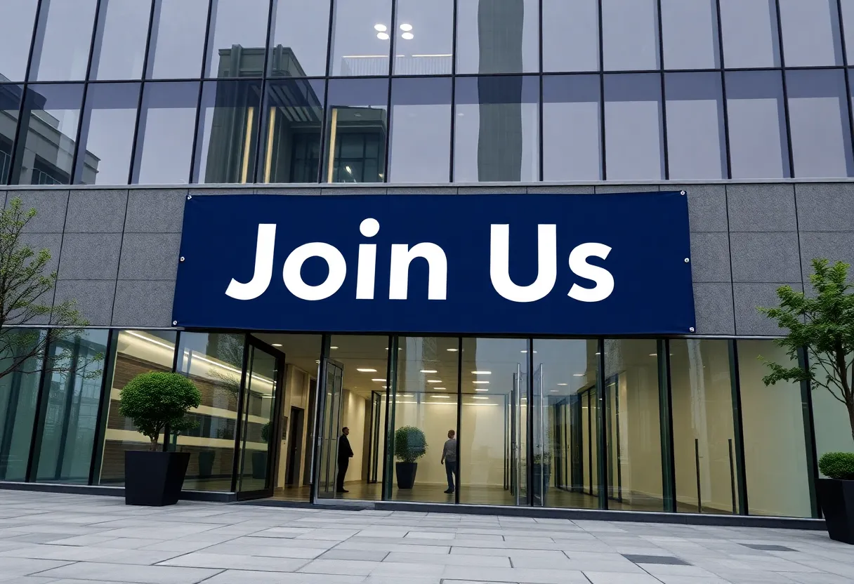 Corporate office building with a 'Join Us' banner