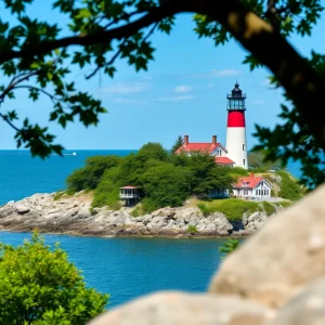 A scenic view of the Beaver Head Lighthouse alongside Lake Michigan under a clear blue sky.