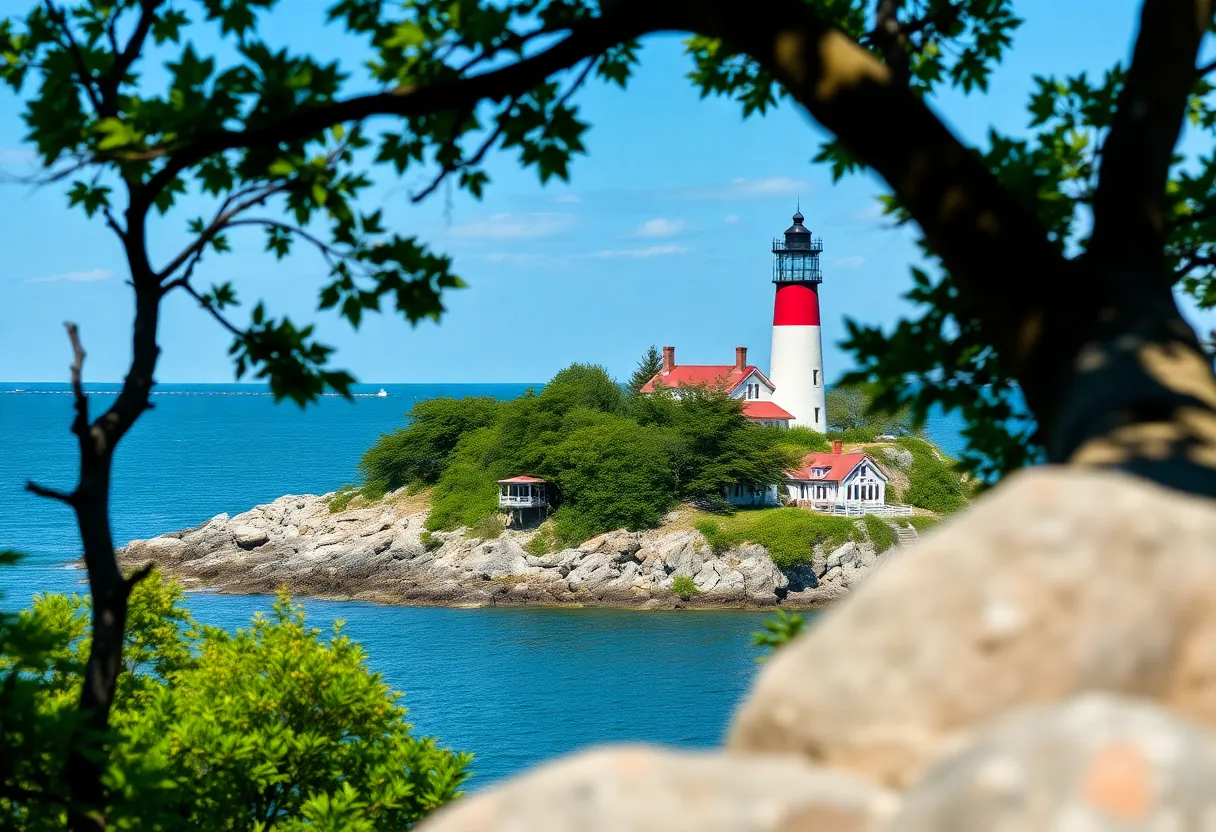 A scenic view of the Beaver Head Lighthouse alongside Lake Michigan under a clear blue sky.