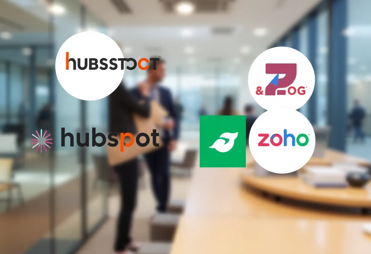Logos of HubSpot, Pipedrive, and Zoho CRM showcasing CRM software options