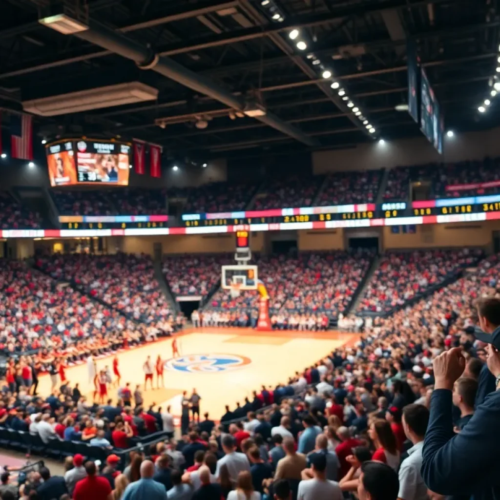 Fans cheering at a college basketball game