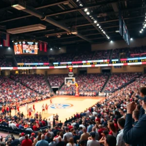 Fans cheering at a college basketball game