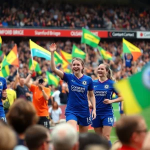 Chelsea FC Women team in branded kits during match with fans waving flags