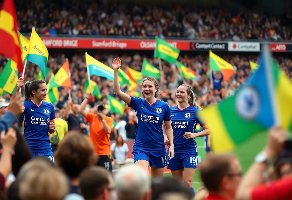 Chelsea FC Women team in branded kits during match with fans waving flags