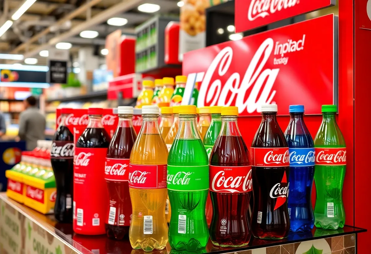 A variety of Coca-Cola drinks displayed, highlighting innovation and sustainability.