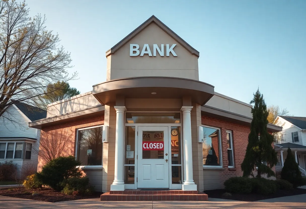 An illustration of a bank branch with closed signs and digital banking elements.