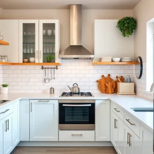 A creatively remodeled small kitchen with innovative storage solutions and bright lighting.