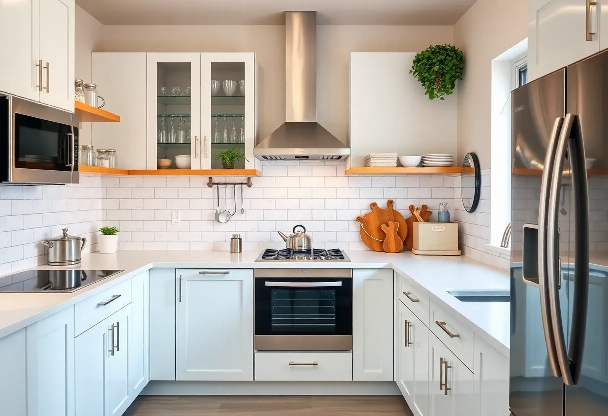 A creatively remodeled small kitchen with innovative storage solutions and bright lighting.