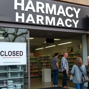 Exterior view of a closed CVS Pharmacy with a focus on the 'closed' sign.