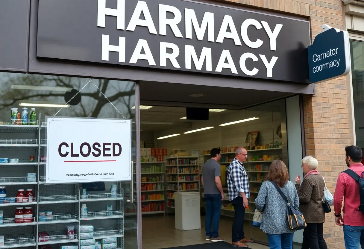 Exterior view of a closed CVS Pharmacy with a focus on the 'closed' sign.