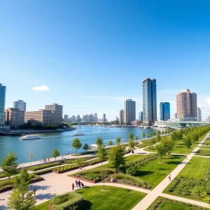 View of the developing Detroit Riverfront with greenery and modern buildings.