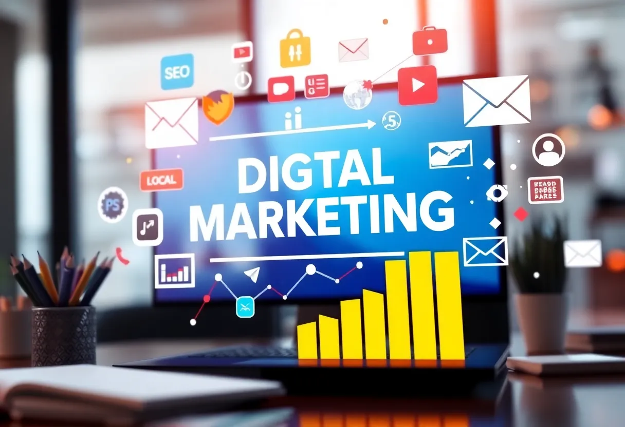 Illustration of digital marketing benefits highlighting global reach and local engagement.