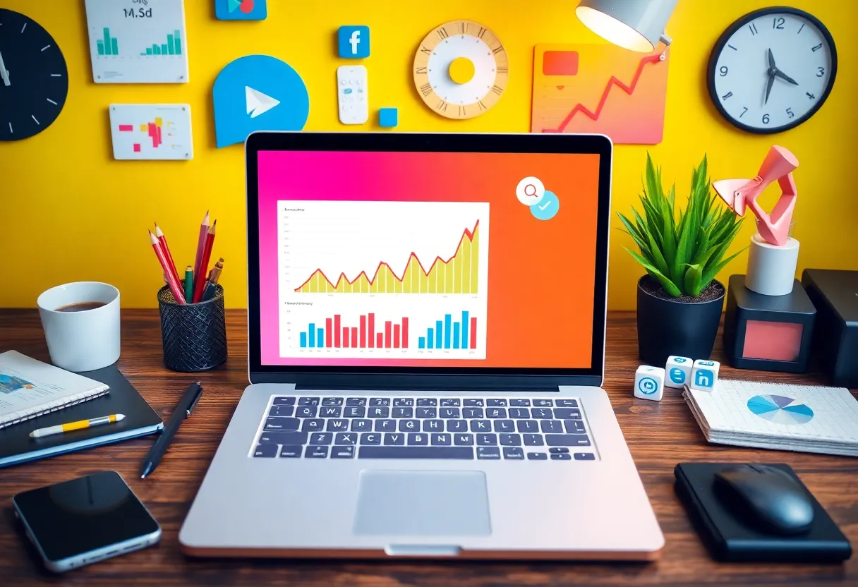 A digital marketing workspace depicting various tools and social media icons.