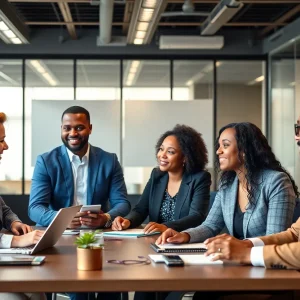 Diverse group of professionals collaborating in an office setting.