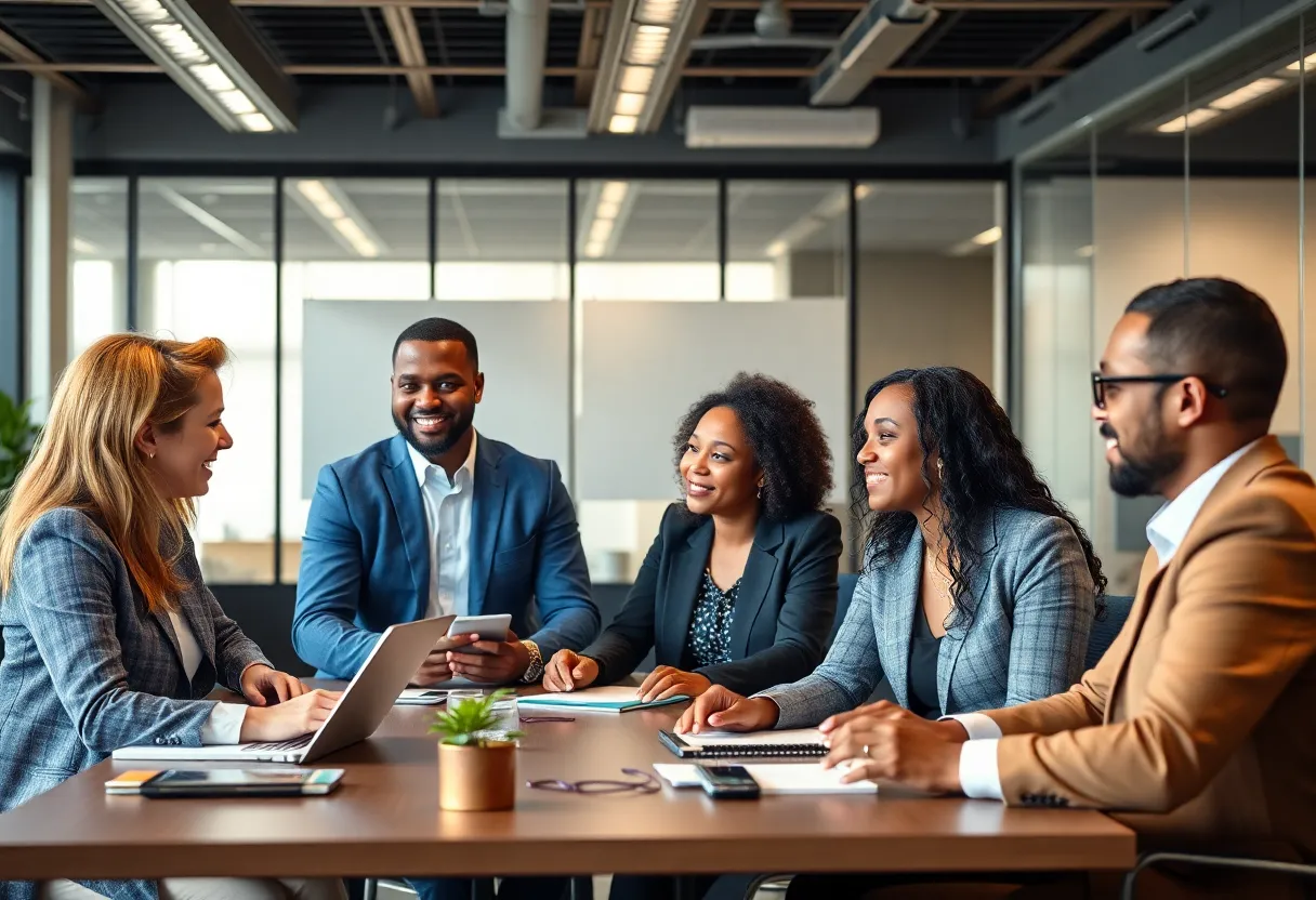 Diverse group of professionals collaborating in an office setting.