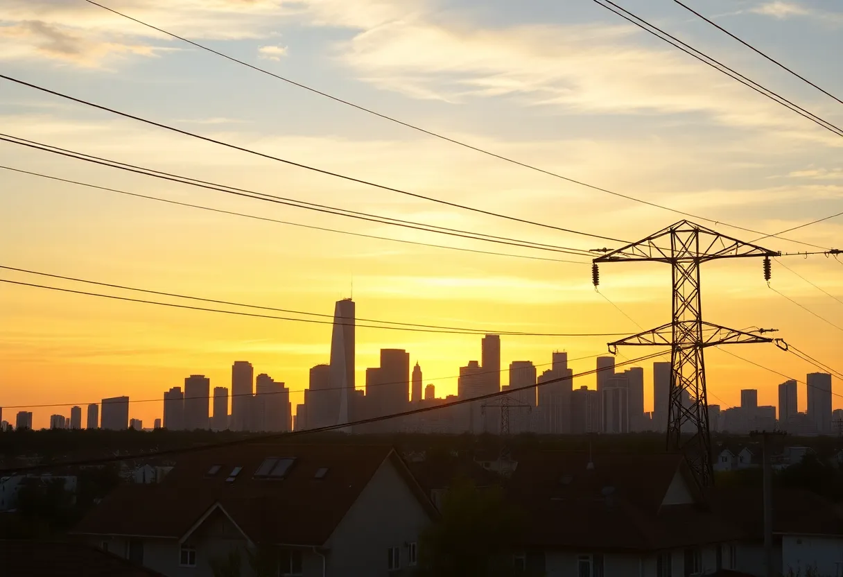 Modern skyline with power lines showcasing energy increase impact