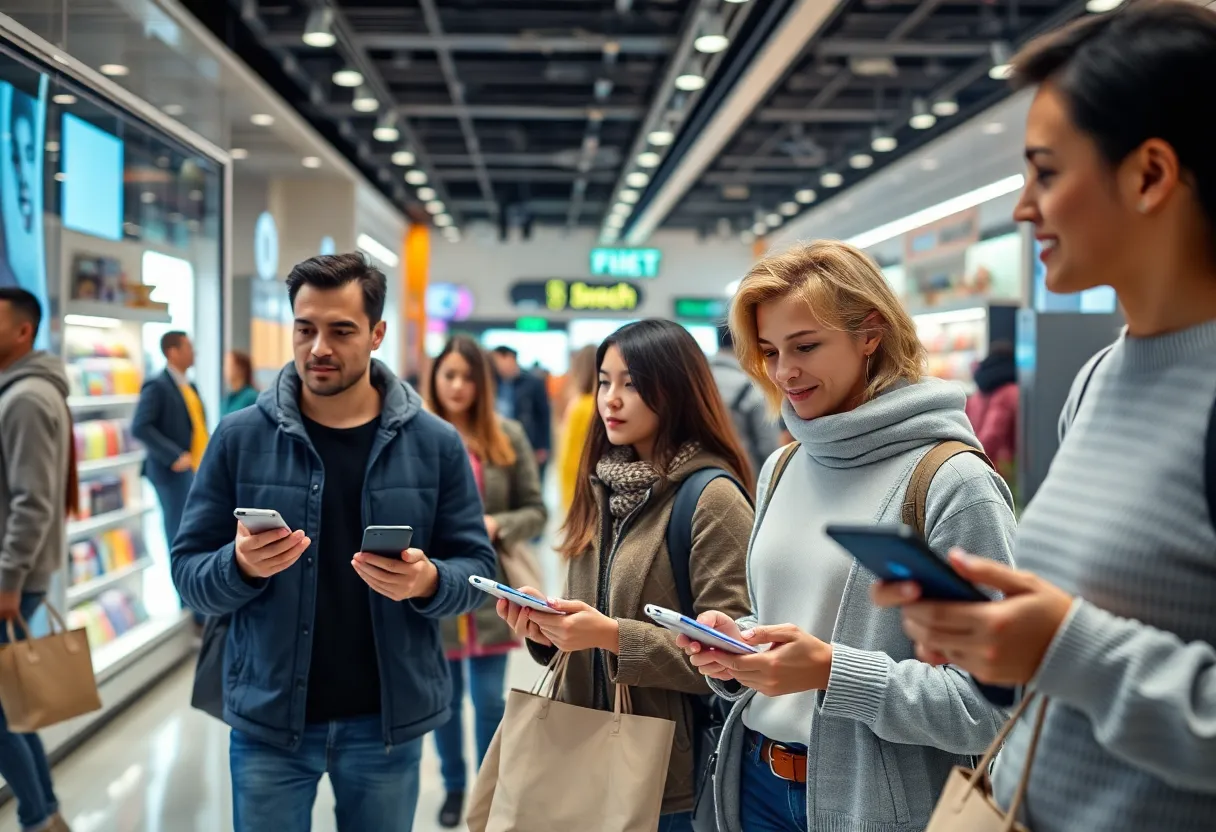 Futuristic retail environment with AI shopping assistants