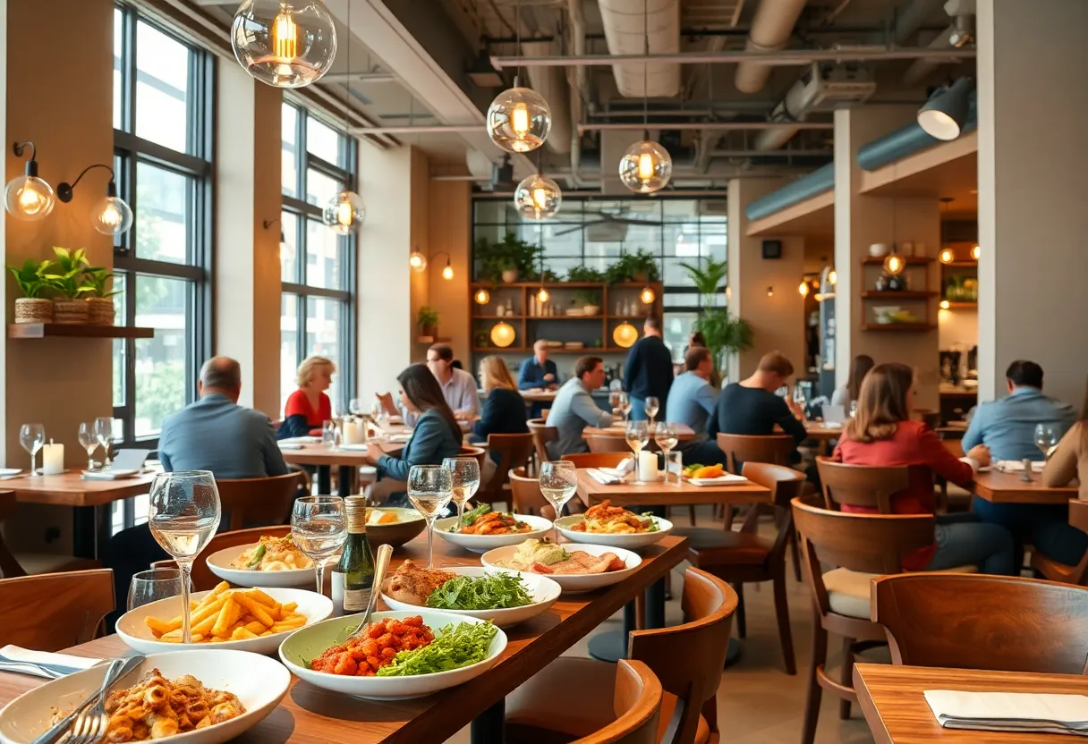 Interior view of Echelon Kitchen & Bar showing dining area and seasonal dishes.