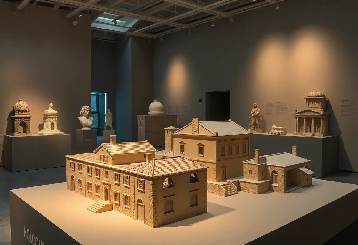Art exhibition showcasing white sculptures related to the Holocaust